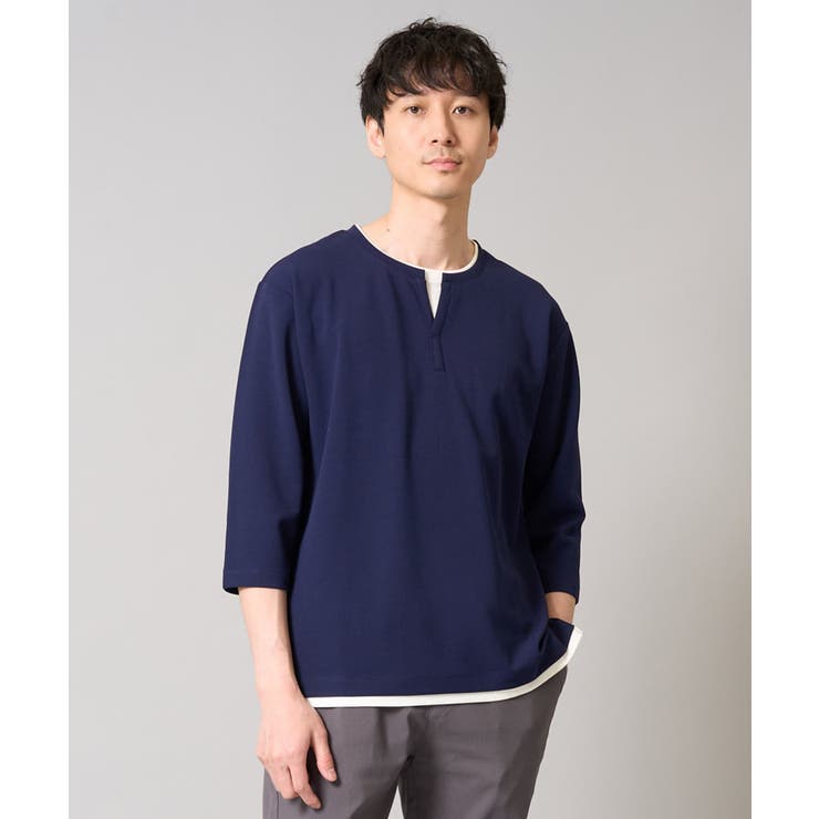 ネイビー | 【イージーケア/接触冷感】梨地フェイクレイヤードカットソー | a.v.v【MEN】
