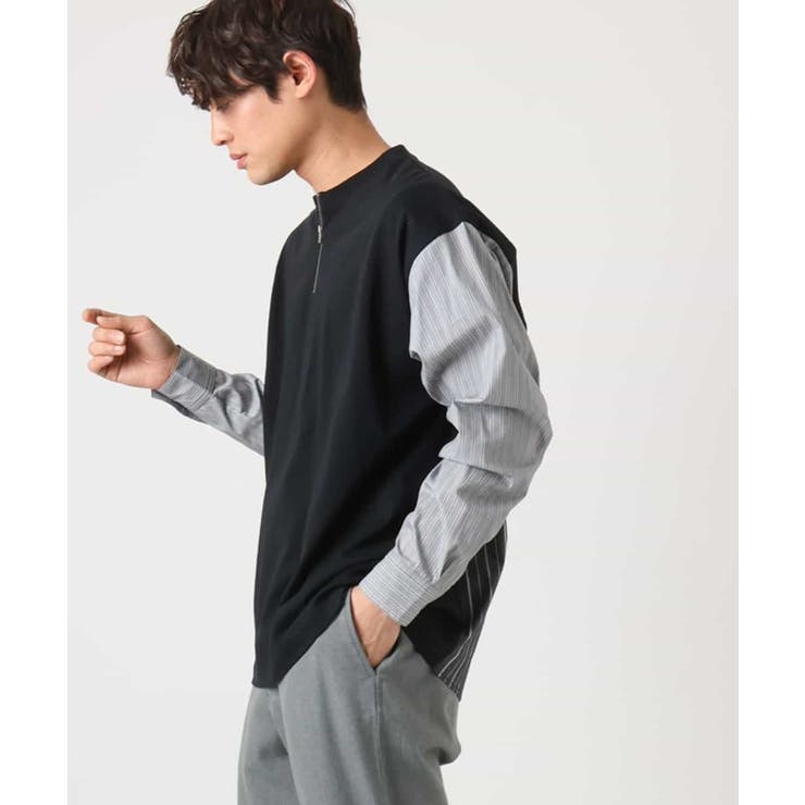 ブラック | ハーフジップバックシャン切替クルーネックカットソー(デザテクシリーズ） | a.v.v【MEN】