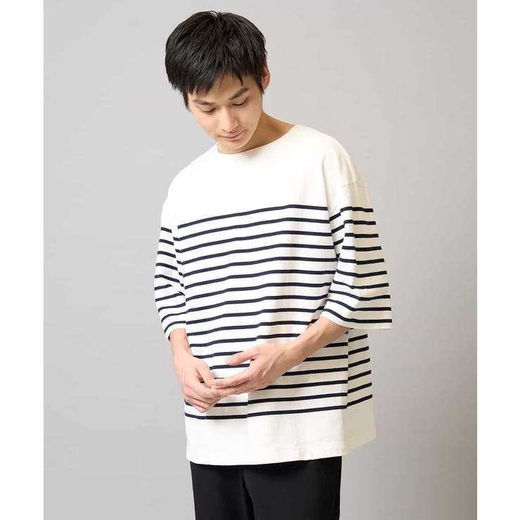 【綿100％】ボーダーワイドシルエット五分袖カットソー | a.v.v【MEN】 | 詳細画像1 