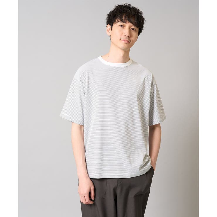 【接触冷感】細ボーダーセミワイドシルエットカットソー | a.v.v【MEN】 | 詳細画像1 