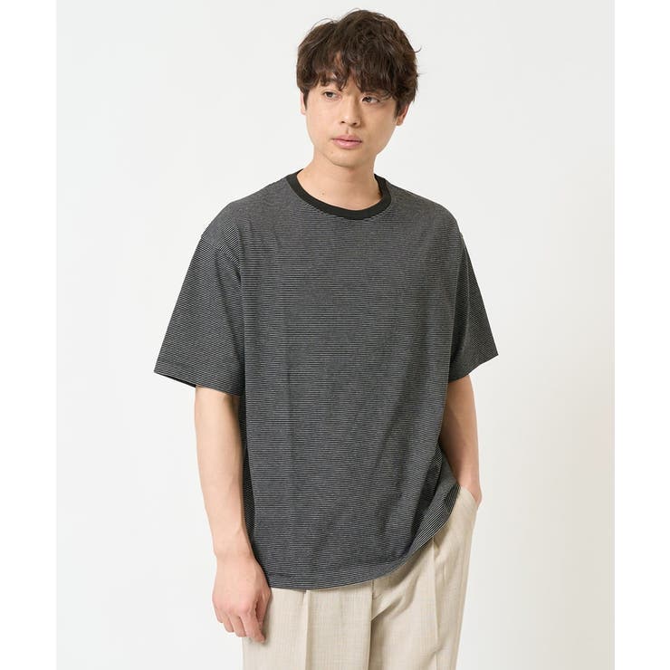 ブラック | 【接触冷感】細ボーダーセミワイドシルエットカットソー | a.v.v【MEN】