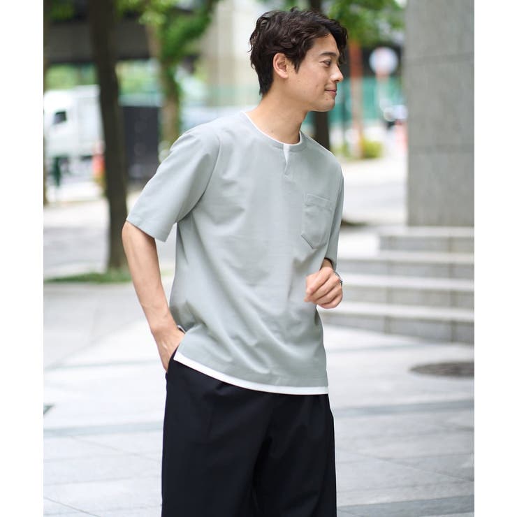 【速乾/接触冷感】梨地フェイクレイヤードカットソー | a.v.v【MEN】 | 詳細画像1 