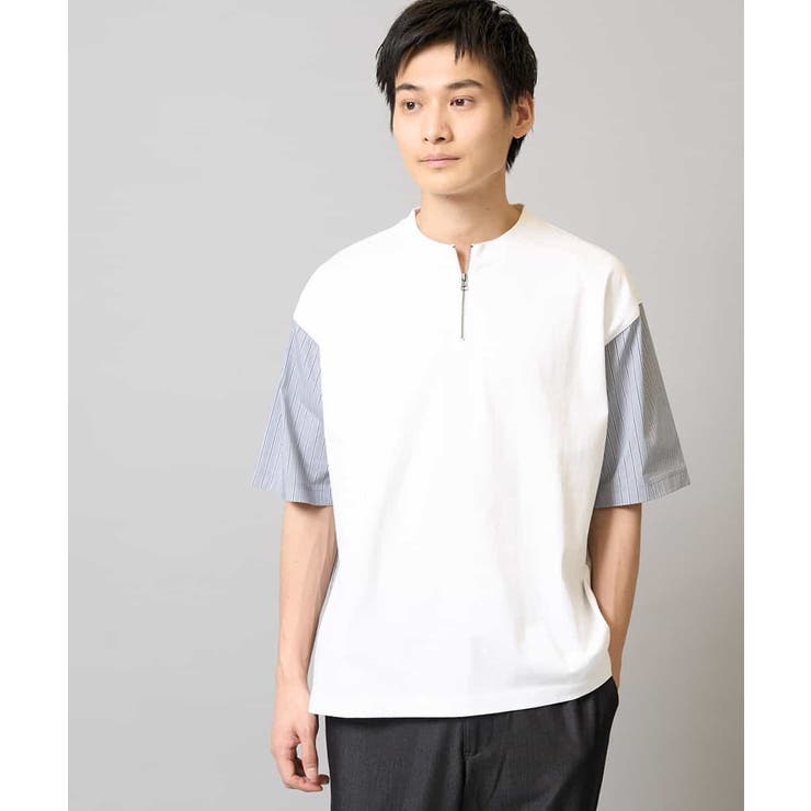 ホワイト | 【マシンウォッシャブル】ハーフジップバックシャン切替カットソー | a.v.v【MEN】