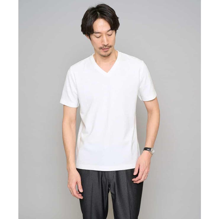 ホワイト | 【イージーケア/洗濯機で洗える】キカジャカードＶネックスマートＴシャツ | a.v.v【MEN】