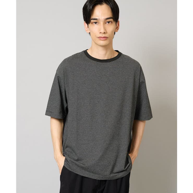 ブラック | 【接触冷感】細ボーダーセミワイドシルエットTシャツ | a.v.v【MEN】