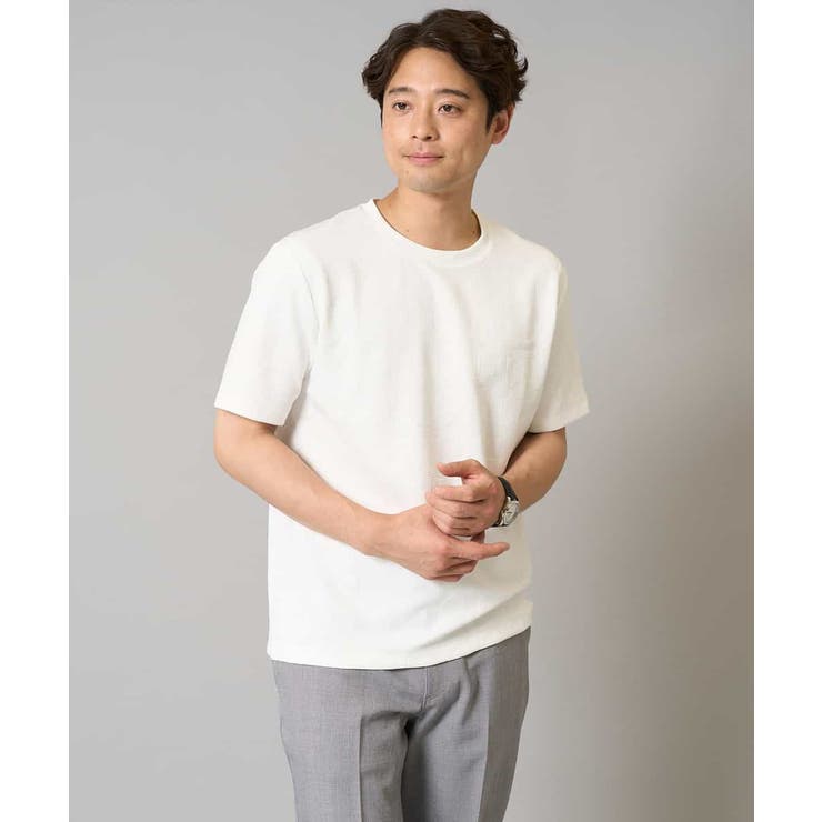 ホワイト | 【接触冷感 イージーケア】キカジャカードクルーネックカットソー 通勤 | a.v.v【MEN】