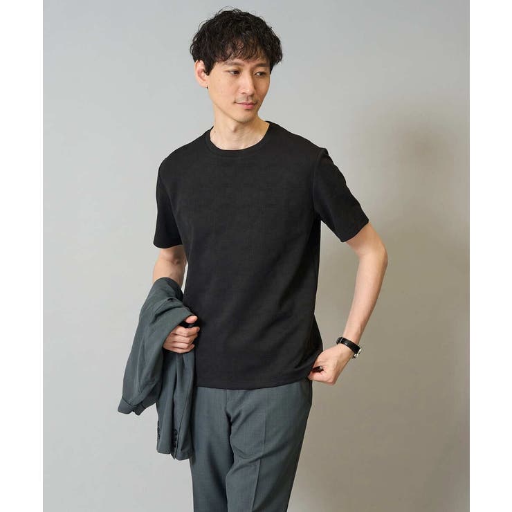 ブラック | 【接触冷感 イージーケア】キカジャカードクルーネックカットソー 通勤 | a.v.v【MEN】