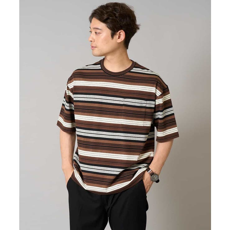 ブラウン系 | 【接触冷感/毛玉になりにくい】マルチボーダーワイドシルエットカットソー | a.v.v【MEN】