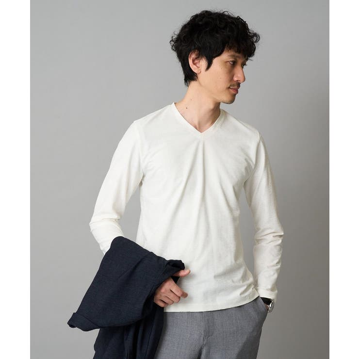 ホワイト | 針抜きジャカードＶネックＴシャツ通勤 ビジネス ジャケット | a.v.v【MEN】