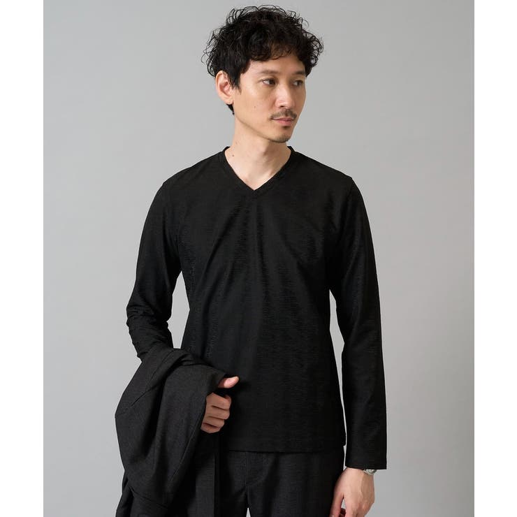 ブラック | 針抜きジャカードＶネックＴシャツ通勤 ビジネス ジャケット | a.v.v【MEN】