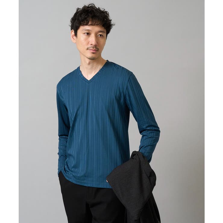 ブルーグリーン | ストライプジャガードVネックTシャツ通勤 ビジネス ジャケット | a.v.v【MEN】