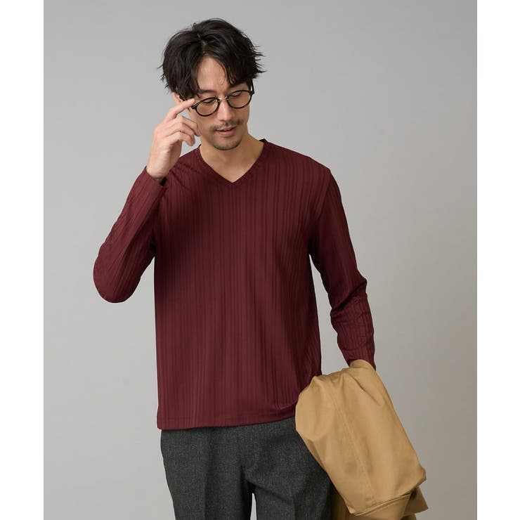 ボルドー | ストライプジャガードVネックTシャツ通勤 ビジネス ジャケット | a.v.v【MEN】