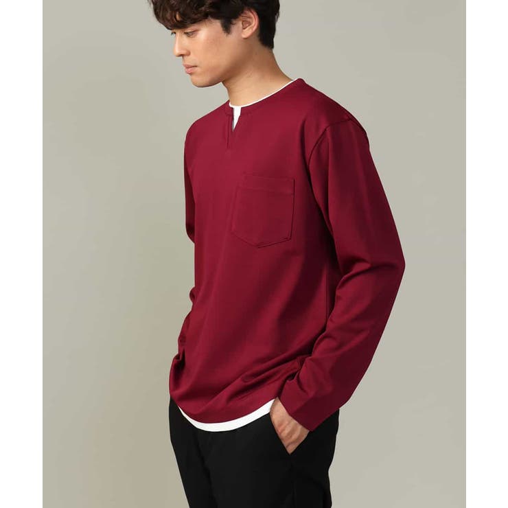 ボルドー | 【きれいめで楽チン】キーネックフェイクレイヤードセミワイドカットソー | a.v.v【MEN】