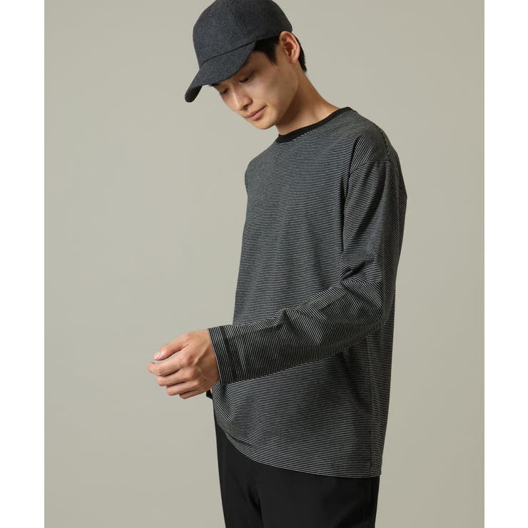 ダークグレー | 【万能インナー】細ボーダーセミワイドシルエットロングTシャツ | a.v.v【MEN】