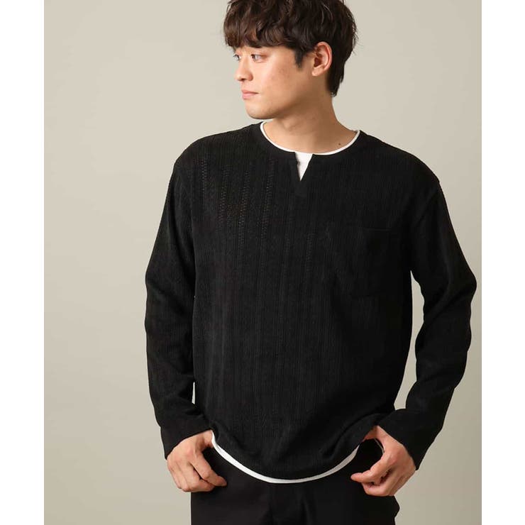 ブラック | 【楽してサマ見え】ケーブル柄フェイクレイヤードカットソー | a.v.v【MEN】