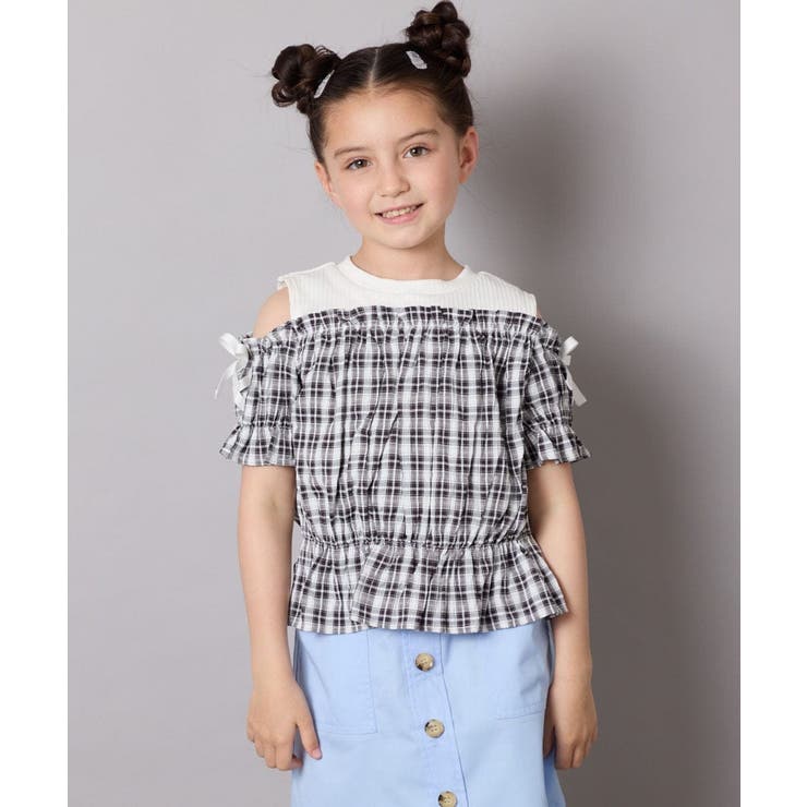 [100-160]【セットアップも出来る】袖レースアップオフショルブラウス | a.v.v【KIDS】 | 詳細画像1 