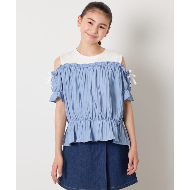 ブルー | [100-160]【セットアップも出来る】袖レースアップオフショルブラウス | a.v.v【KIDS】
