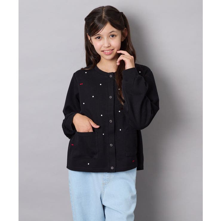 ブラック | [120-160]刺繍カットソーカーディガン | a.v.v【KIDS】