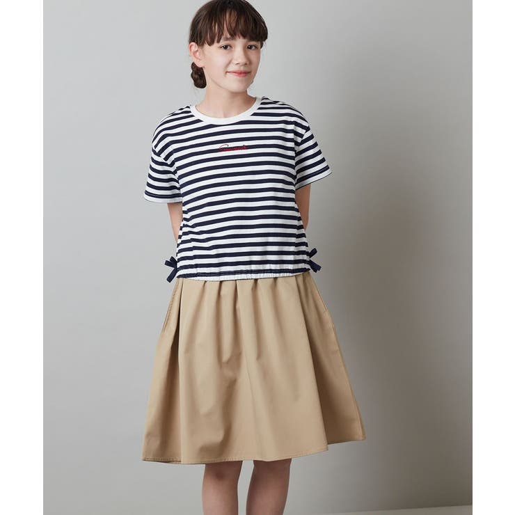 ベージュ | [100-130]サイドリボンロゴ刺繍ドッキングワンピース | a.v.v【KIDS】