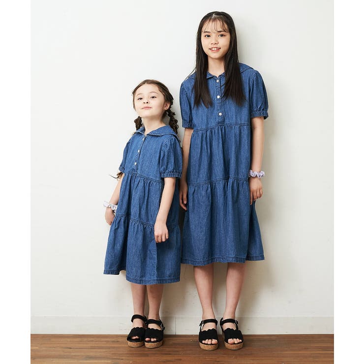 140-150]セーラーティアードデニムワンピース[品番：ITKW0004210