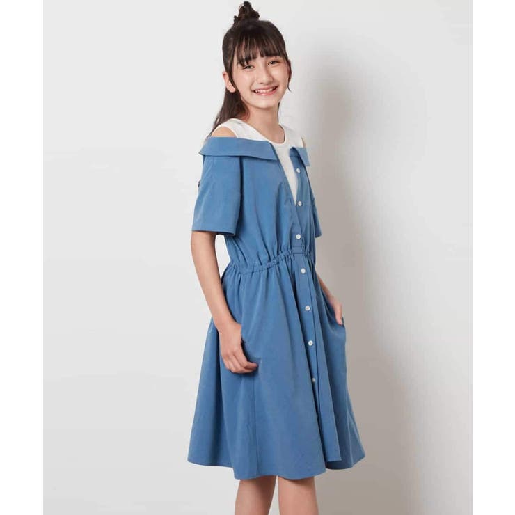 ライトブルー | [100-130]レイヤード風オフショルワンピース | a.v.v【KIDS】