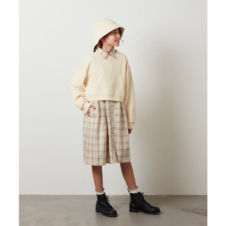 ベージュ | [100-130]【2点セット】チェックシャツワンピ＆ショートプルオーバー | a.v.v【KIDS】