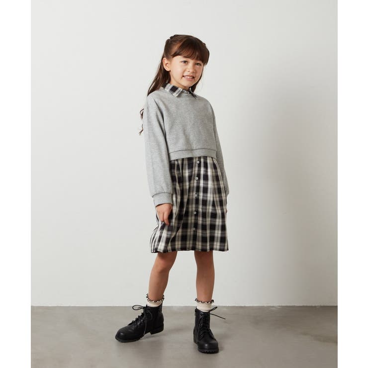 ブラック | [100-130]【2点セット】チェックシャツワンピ＆ショートプルオーバー | a.v.v【KIDS】