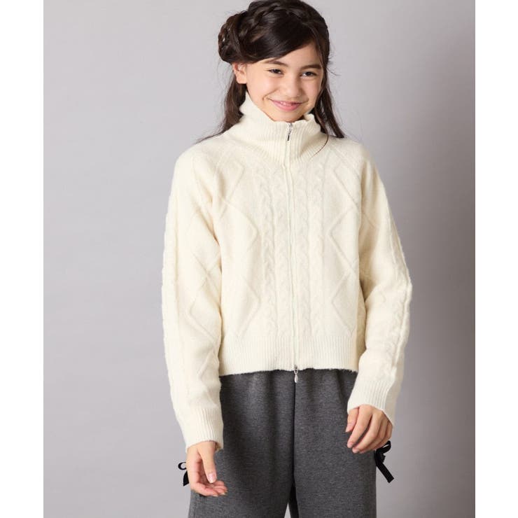 アイボリー | [130-160]【ダブルジップ/クロップド丈】ジップアップケーブルニット | a.v.v【KIDS】