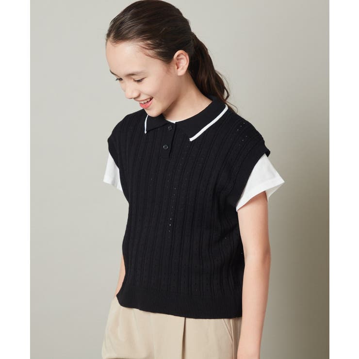 ブラック | [120-130]【2点セット】アイレット柄襟付きニットベストセット | a.v.v【KIDS】