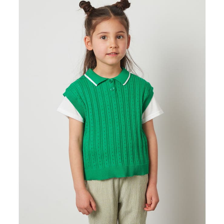 グリーン | [140-150]【2点セット】アイレット柄襟付きニットベストセット | a.v.v【KIDS】