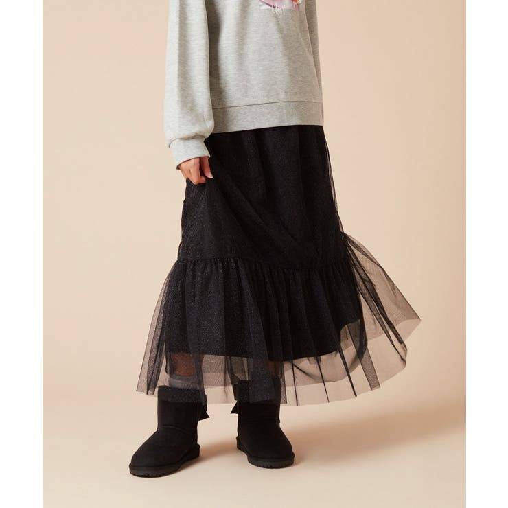 ブラック | [160]ラメチュールティアードロングスカート | a.v.v【KIDS】