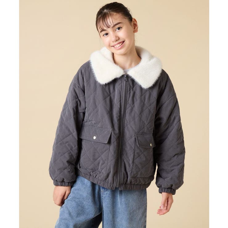 ダークグレー | [130-160]【お家で洗える】衿付きキルトボアジャケット | a.v.v【KIDS】
