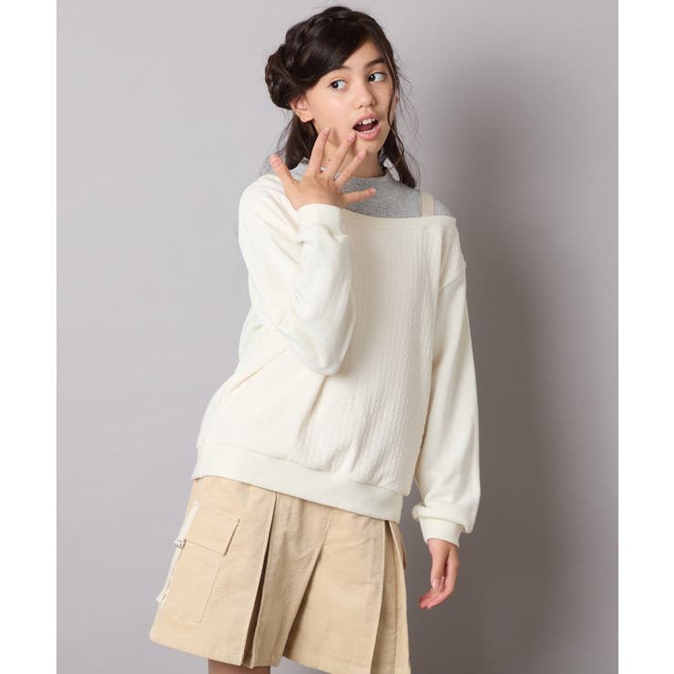 アイボリー | [120-160]【アシンメトリー/オフショル】ポコポコレイヤード風トレーナー | a.v.v【KIDS】
