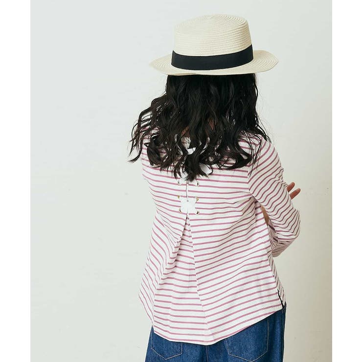 100-130]バックレースアップリボンボーダーカットソー[品番 