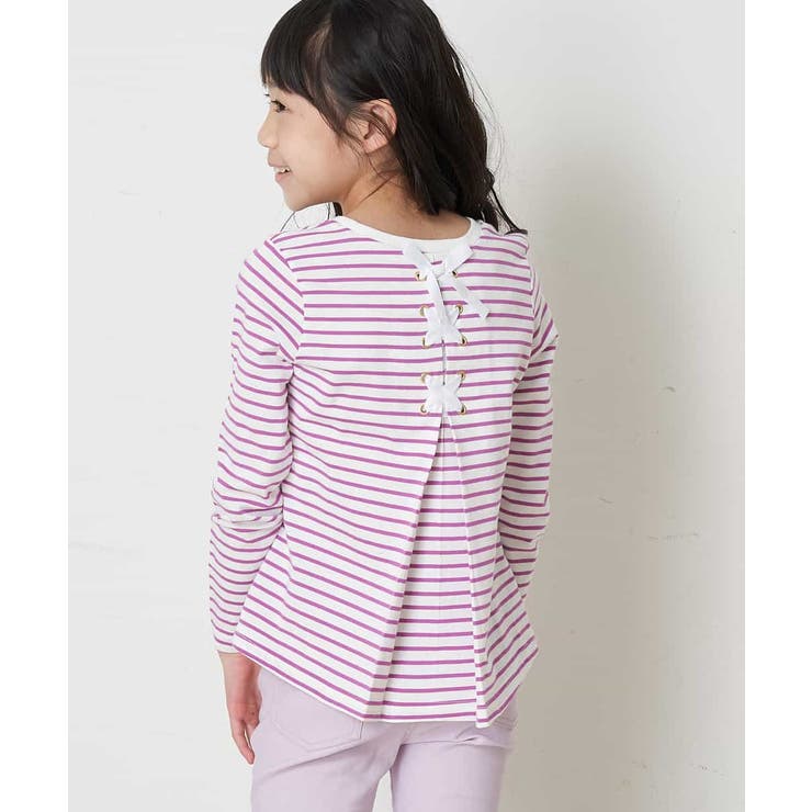100-130]バックレースアップリボンボーダーカットソー[品番 