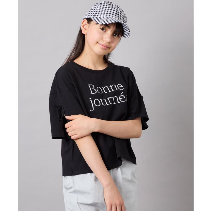 ブラック | [120-160]【接触冷感/綿100％】袖スリットロゴTシャツ | a.v.v【KIDS】