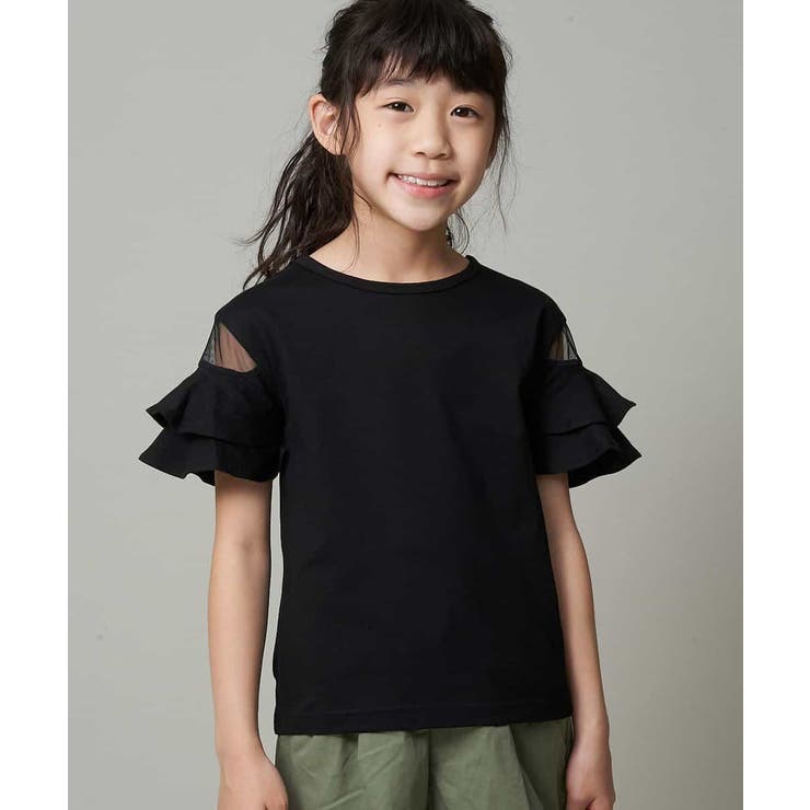 ブラック | [140-150]【接触冷感】シアーフリルスリーブカットソー | a.v.v【KIDS】