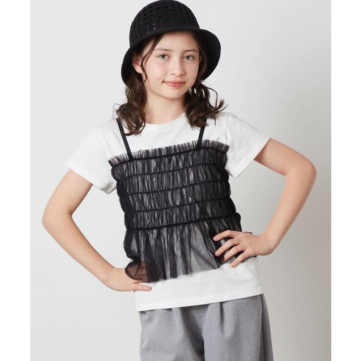 ブラック | [100-130]チュールキャミドッキングＴシャツ | a.v.v【KIDS】