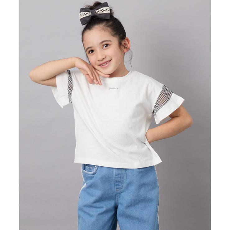ホワイト | シアーギンガムキリカエスリーブＴシャツ | a.v.v【KIDS】