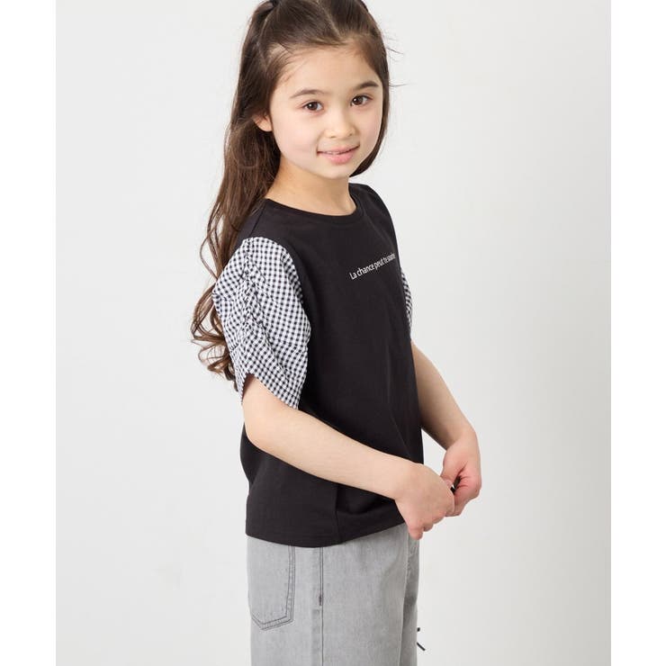 ブラック | [110-160]【WEB限定】シアーギンガムスリーブTシャツ | a.v.v【KIDS】