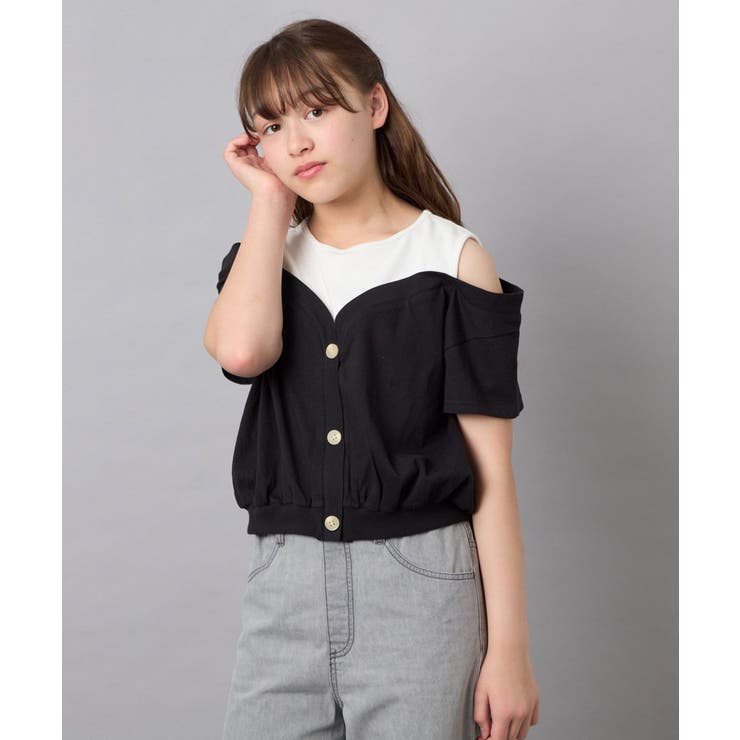 ブラック | [120-160]【毛玉になりにくい/綿100％】オフショルドッキングTシャツ | a.v.v【KIDS】