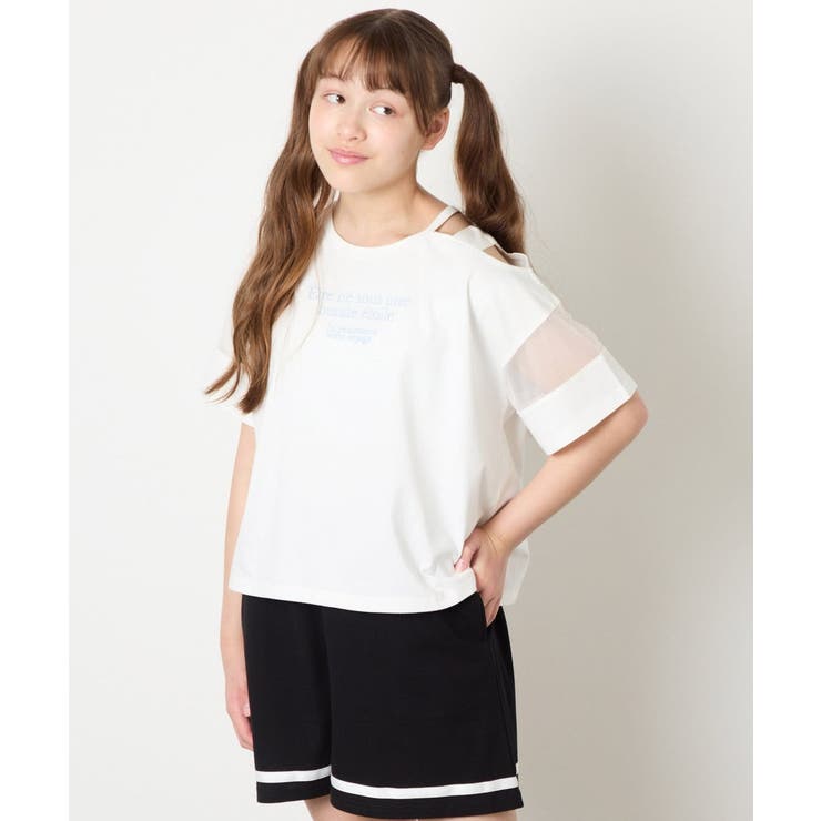 ホワイト | [120-160]アシメ肩シアーTシャツ | a.v.v【KIDS】