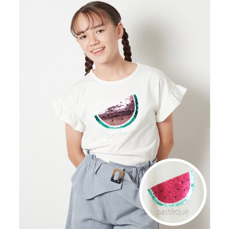 ホワイト | [160]袖フリルスパンコールＴシャツ | a.v.v【KIDS】