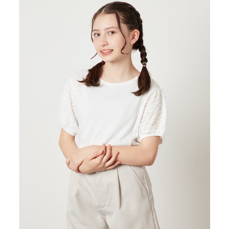 ホワイト | [100-130]異素材フリルスリーブカットソー | a.v.v【KIDS】