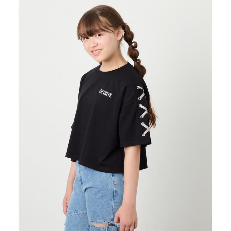 ブラック | [130-160]【冷感/UVカット】レースアップロゴTシャツ | a.v.v【KIDS】