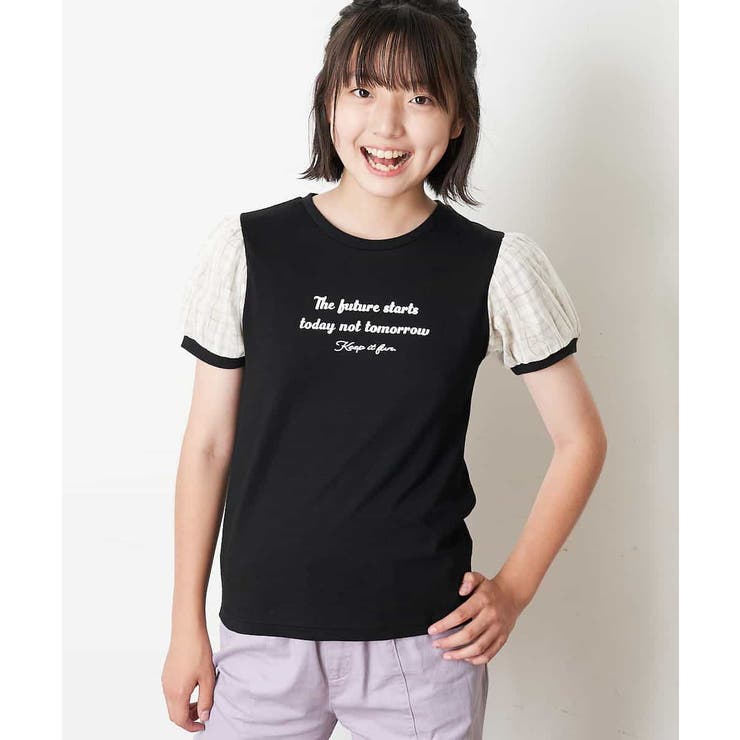 140-150]チュールチェックパフスリーブロゴプリントTシャツ[品番