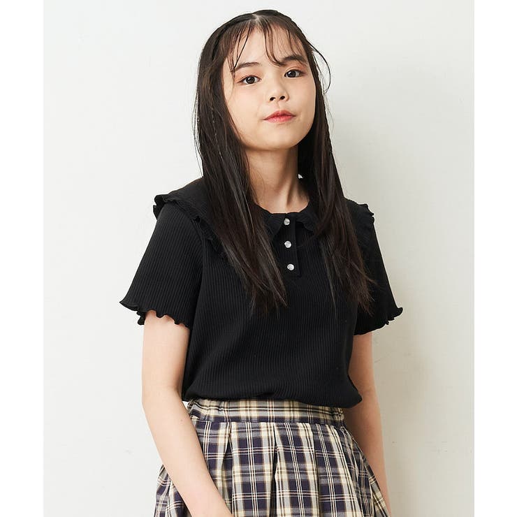 ブラック | [140-150]襟付きメローフリルカットソー | a.v.v【KIDS】