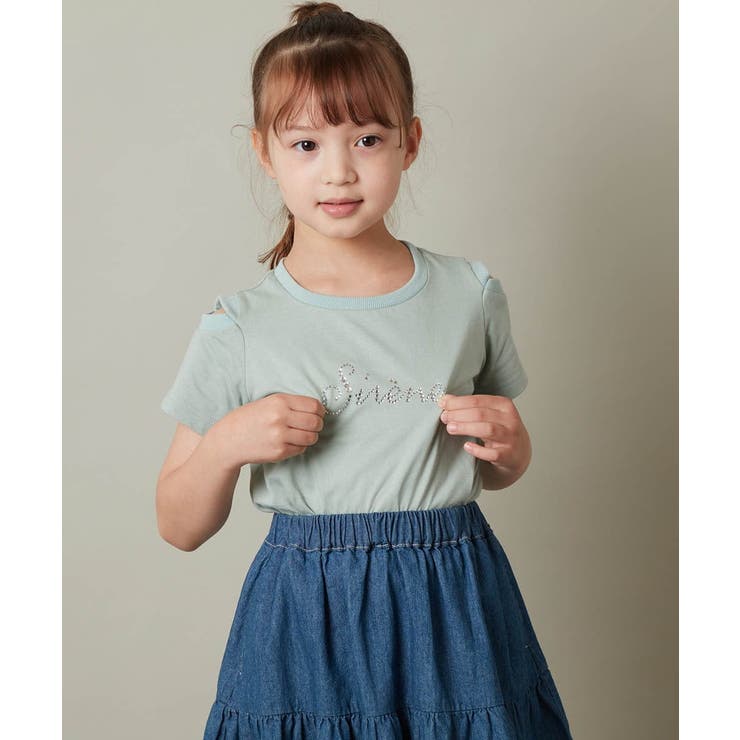 ミント | [140-150]ラインストーンロゴオフショルＴシャツ | a.v.v【KIDS】