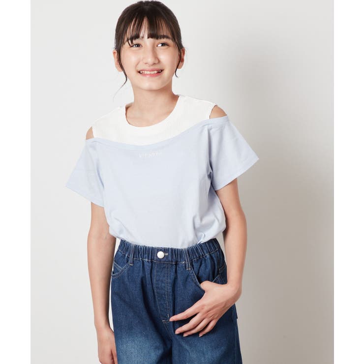 ライトブルー | [100-130]【接触冷感】レイヤード風オフショルTシャツ | a.v.v【KIDS】