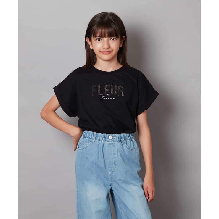 ブラック | [100-130]オーロラスパンコールロゴTシャツ | a.v.v【KIDS】